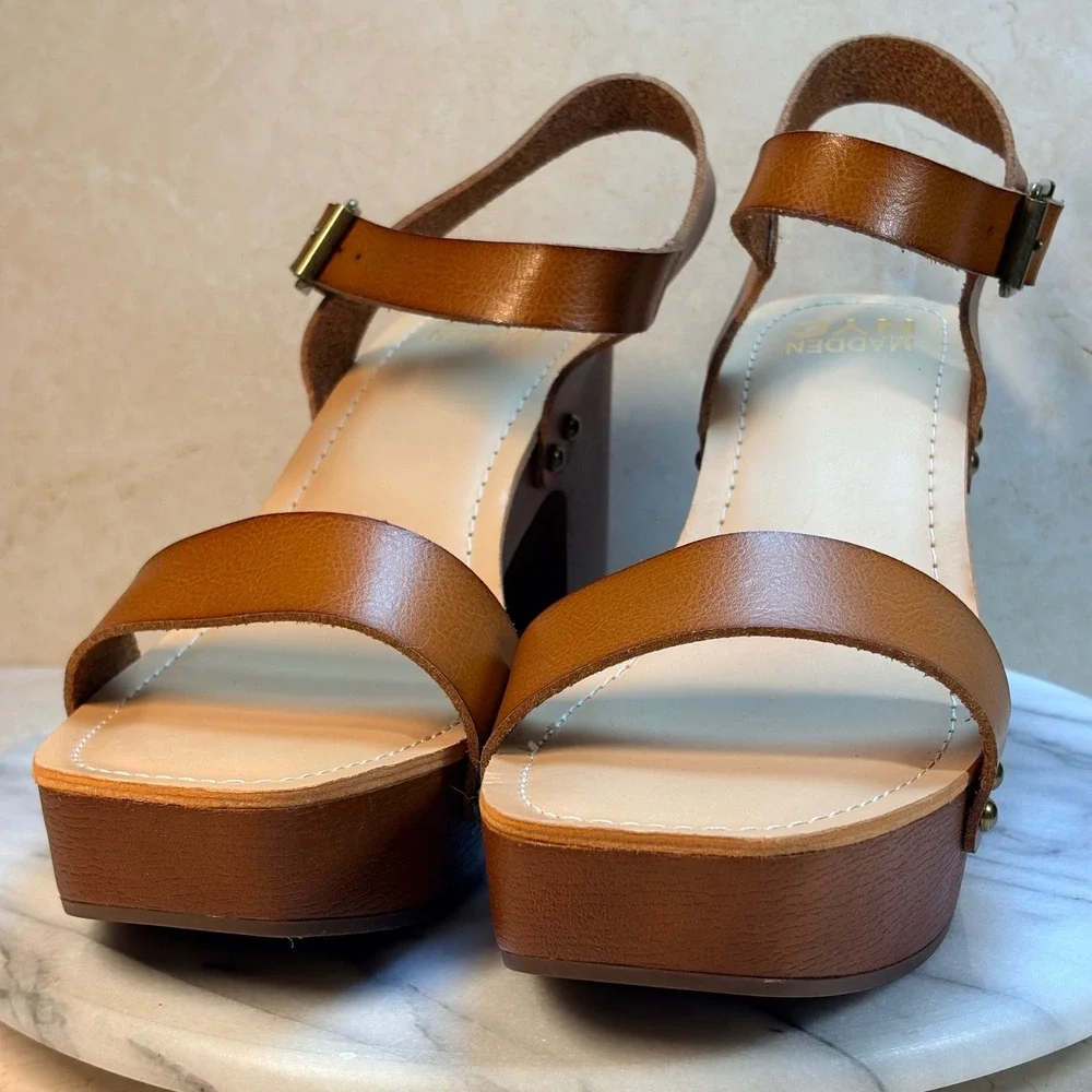 Madden NYC Lifft‎ Platform Block Heel Sandals Tan Leather Buckle Ankle Strap 9